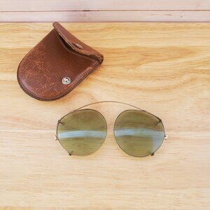 VTG Aviator WW2 WWII Era Clip On Sunglasses With Brown Leather Snap Case 1940s